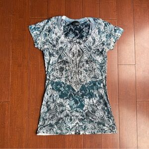 Women's Teal and White Y2K Graphic Top